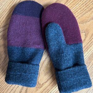 Felted Extra fine Merino Wool Mittens, handcrafted  - Burgundy, Grey, and Brown